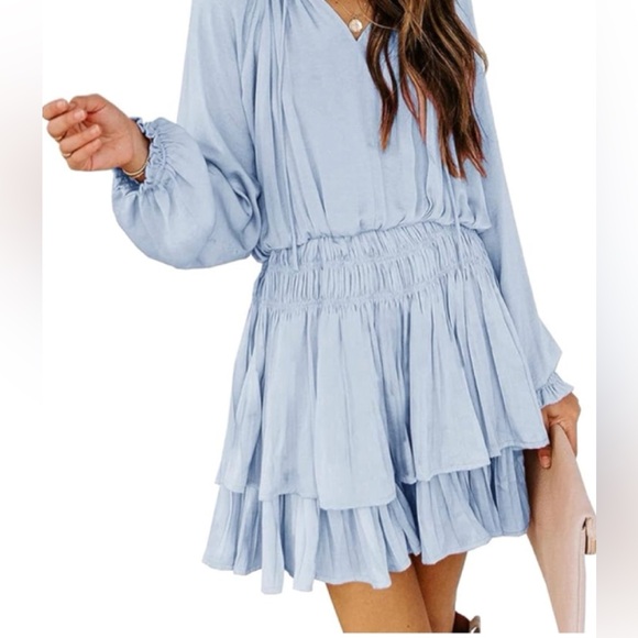 R.Vivimos Cotton Long Sleeves V Neck Layered Ruffles Pleated Swing Mini Dress - Picture 2 of 5